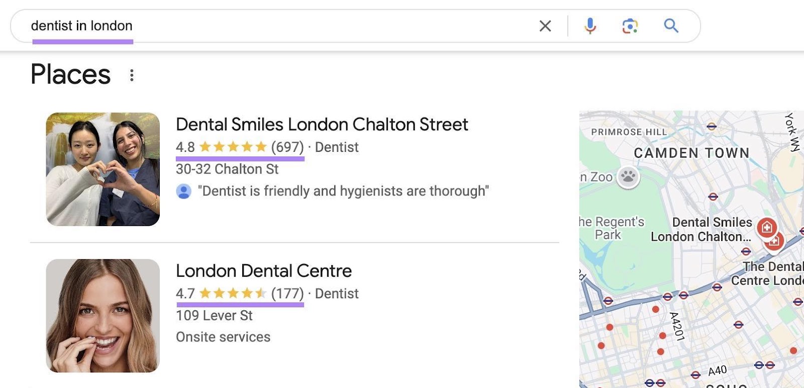 Top ranking map results on Google with their overall rating and the total number of reviews highlighted.
