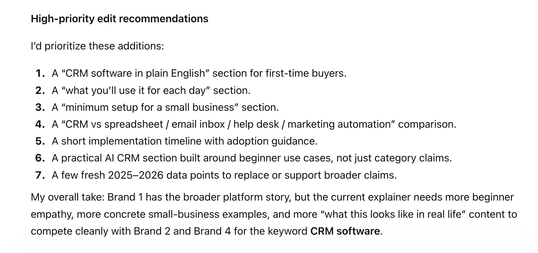 A list of content optimization ideas for a blog post generated on ChatGPT.