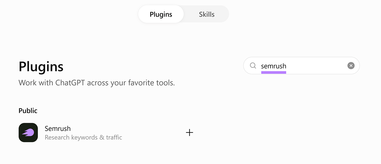 ChatGPT Plugins search results showing the Semrush plugin for keyword and traffic research