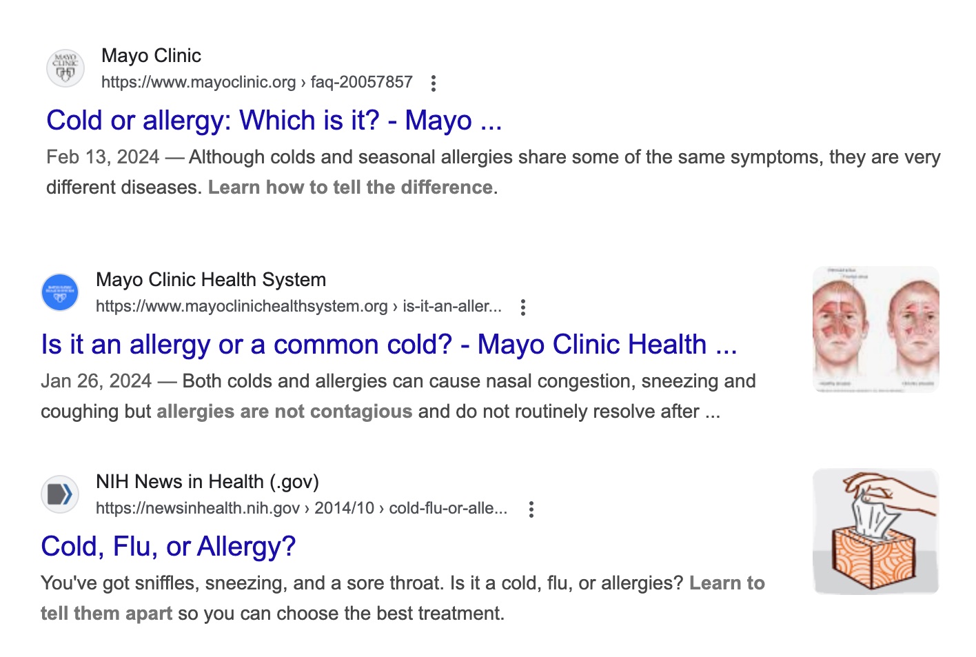 SERP preview for the term "allergies vs cold" showing the top-ranking results.
