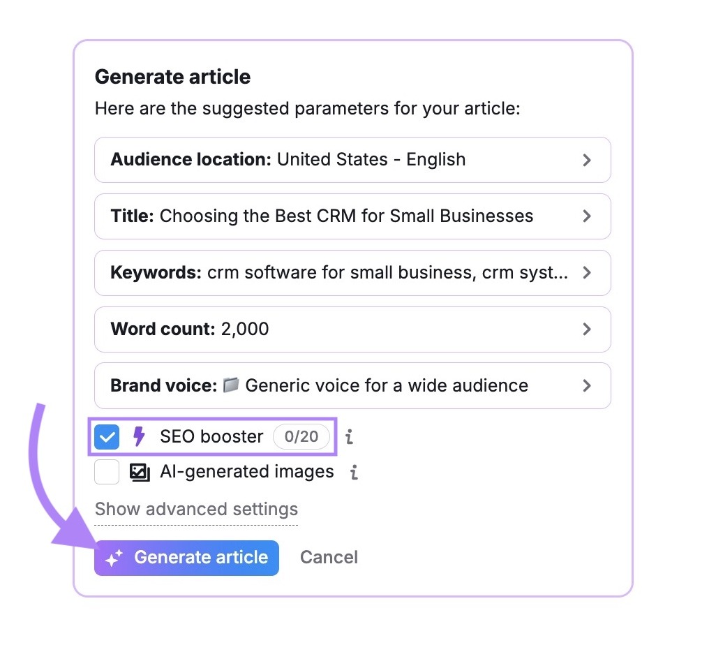 AI Article Generator settings with "SEO booster" checked and "Generate article" clicked.