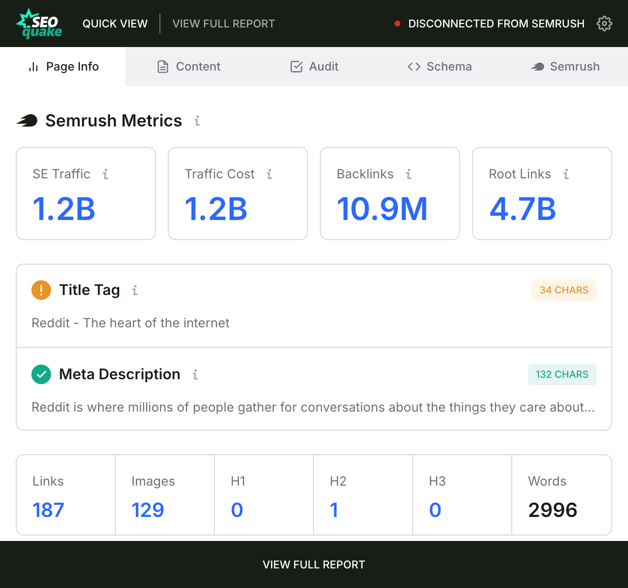 SEOquake page info tab