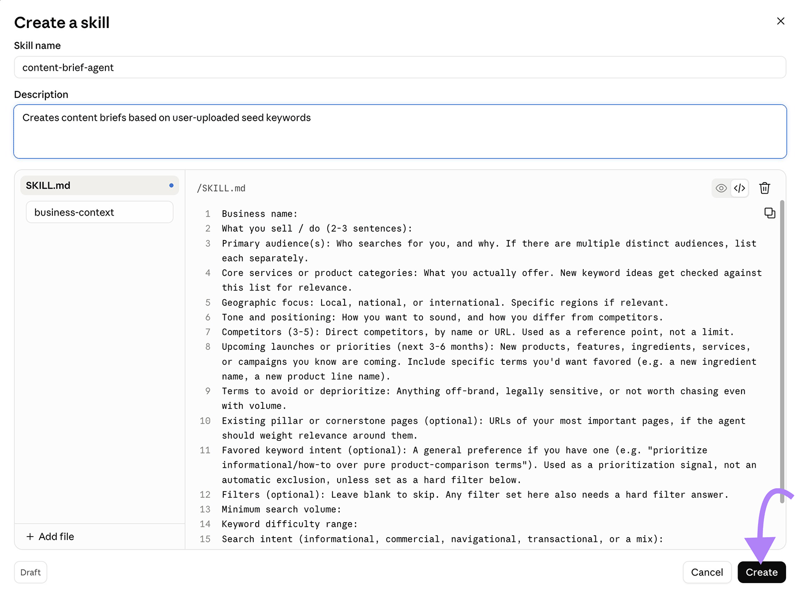Claude skill creation form showing a business-context file and the Create button highlighted