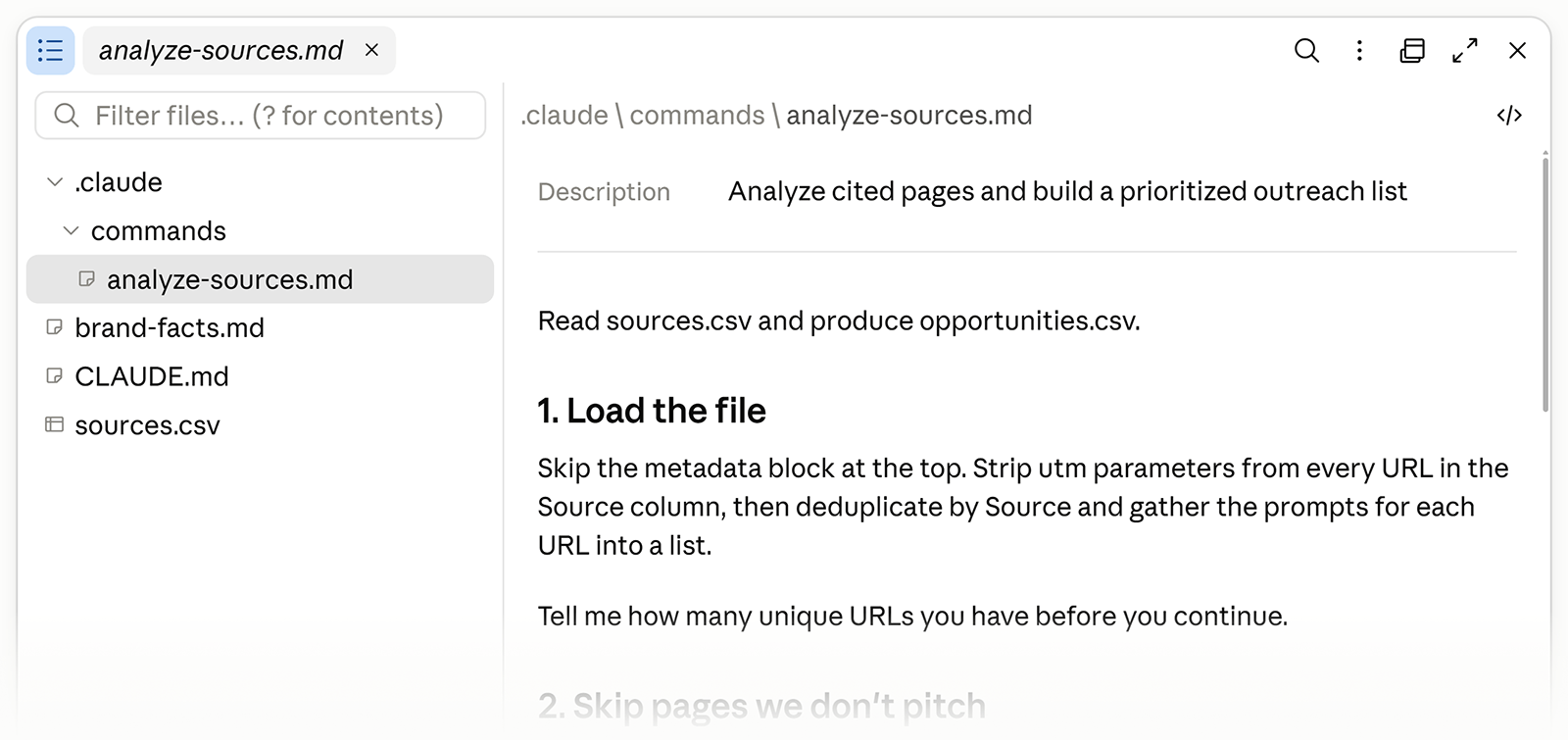 Claude Code project showing analyze-sources.md alongside brand facts, project instructions, and source data files