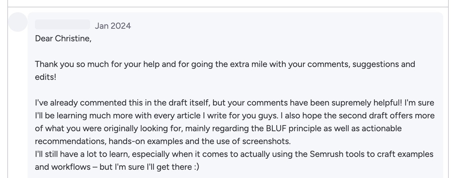 A response by an author thanking the editor for their comments, suggestions, and edits on a Monday.com task.