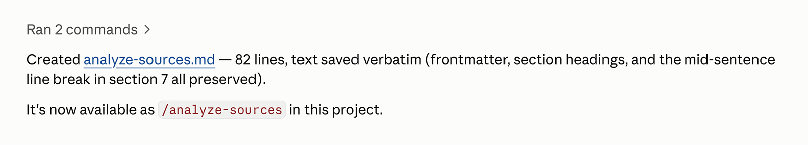 Claude confirms creation of the analyze-sources command for analyzing cited pages and prioritizing outreach