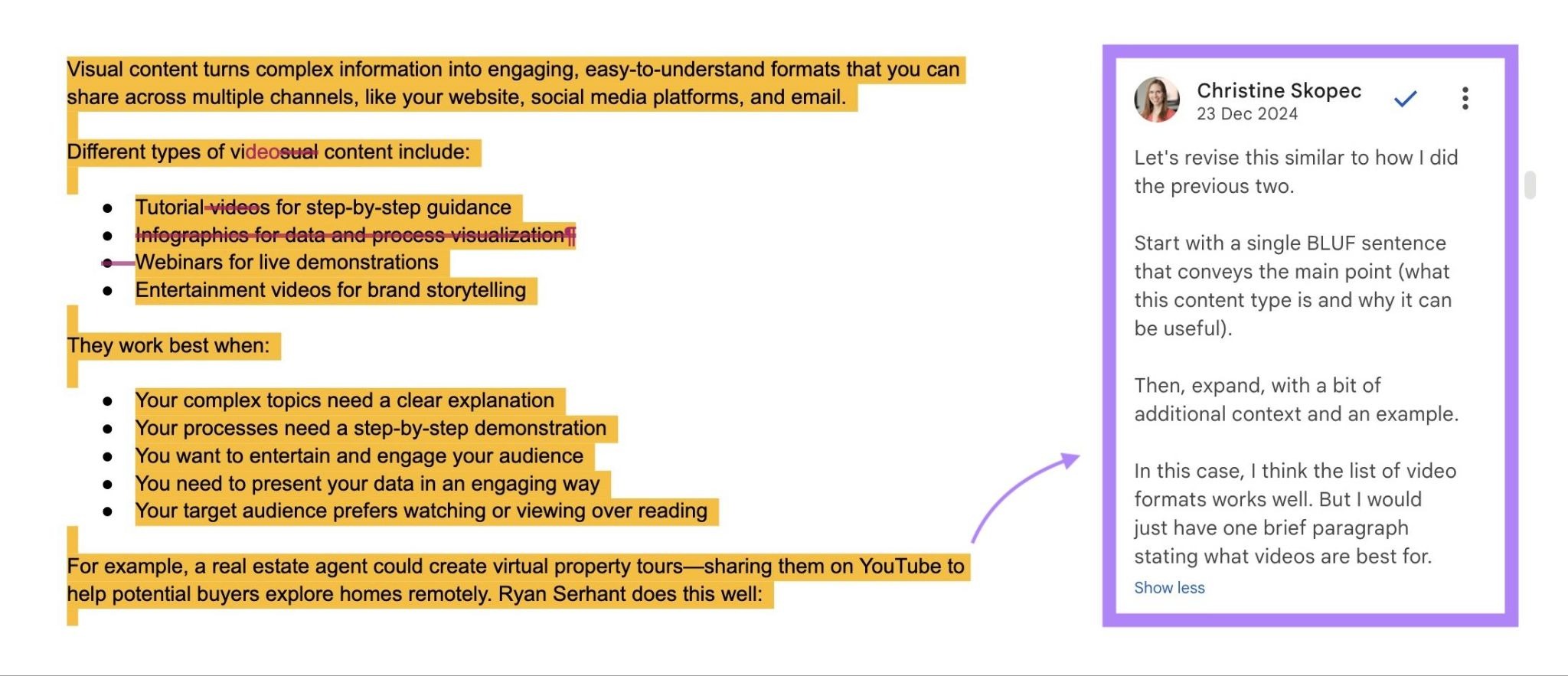 A note by the editor on an article draft explaining why certain changes were made and asking the author to apply it elsewhere in the article.