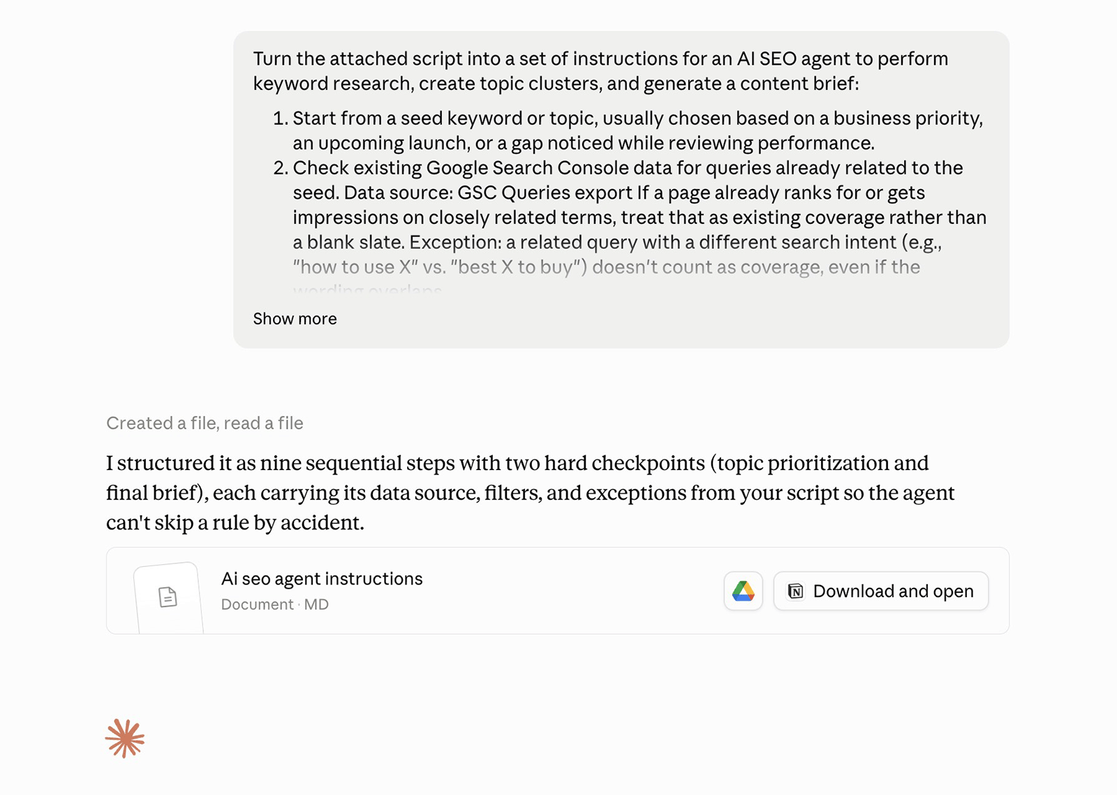 Claude converting a documented SEO workflow into structured instructions for an AI SEO agent