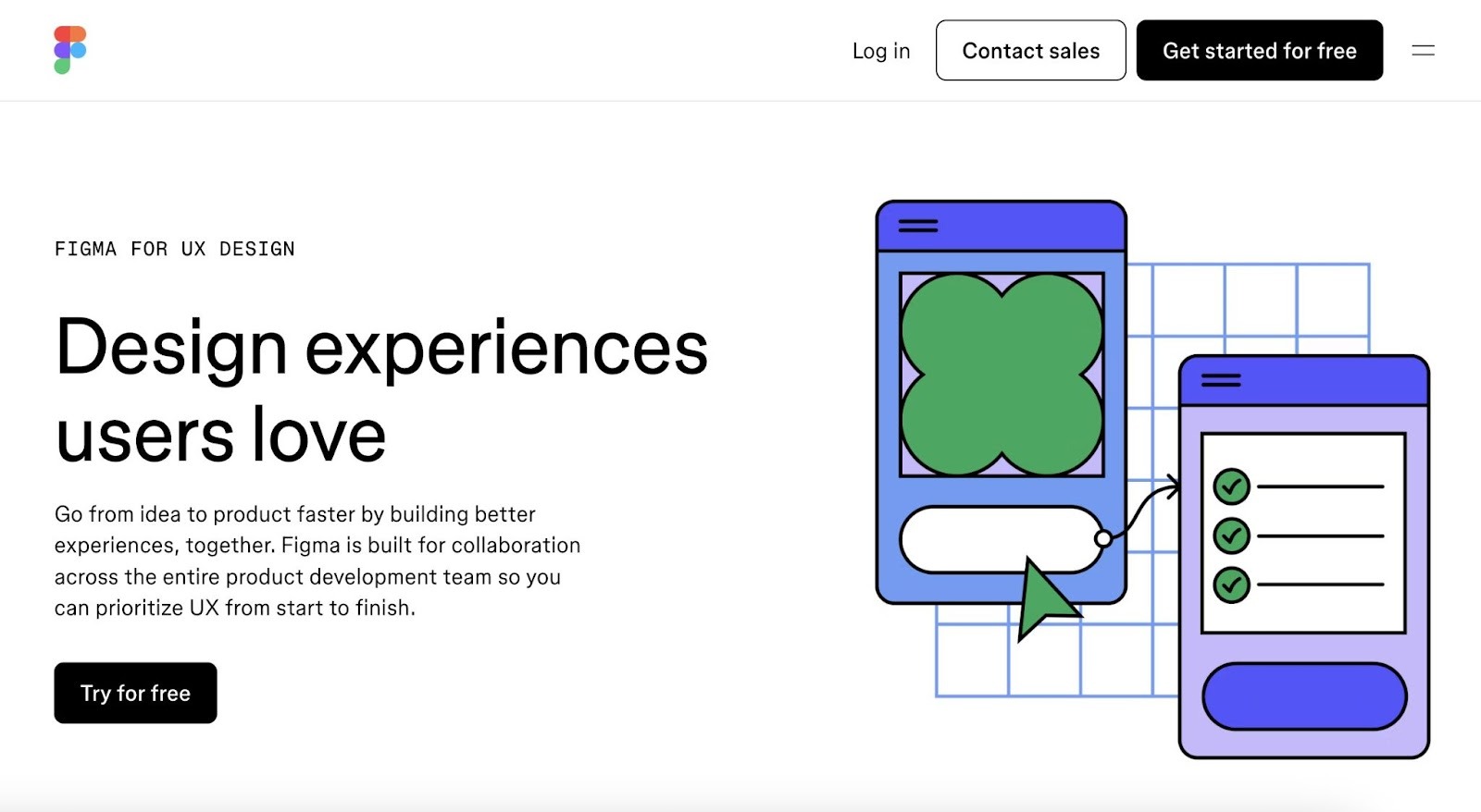 A landing page by Figma with the headline "Design experiences users love."