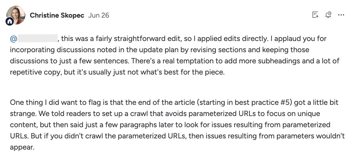 A note by the editor on a Monday.com task giving the author general feedback along with a specific example on an article draft.