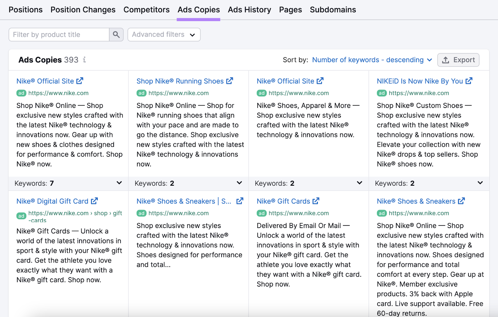 "Ads Copies" table in Advertising Research tool