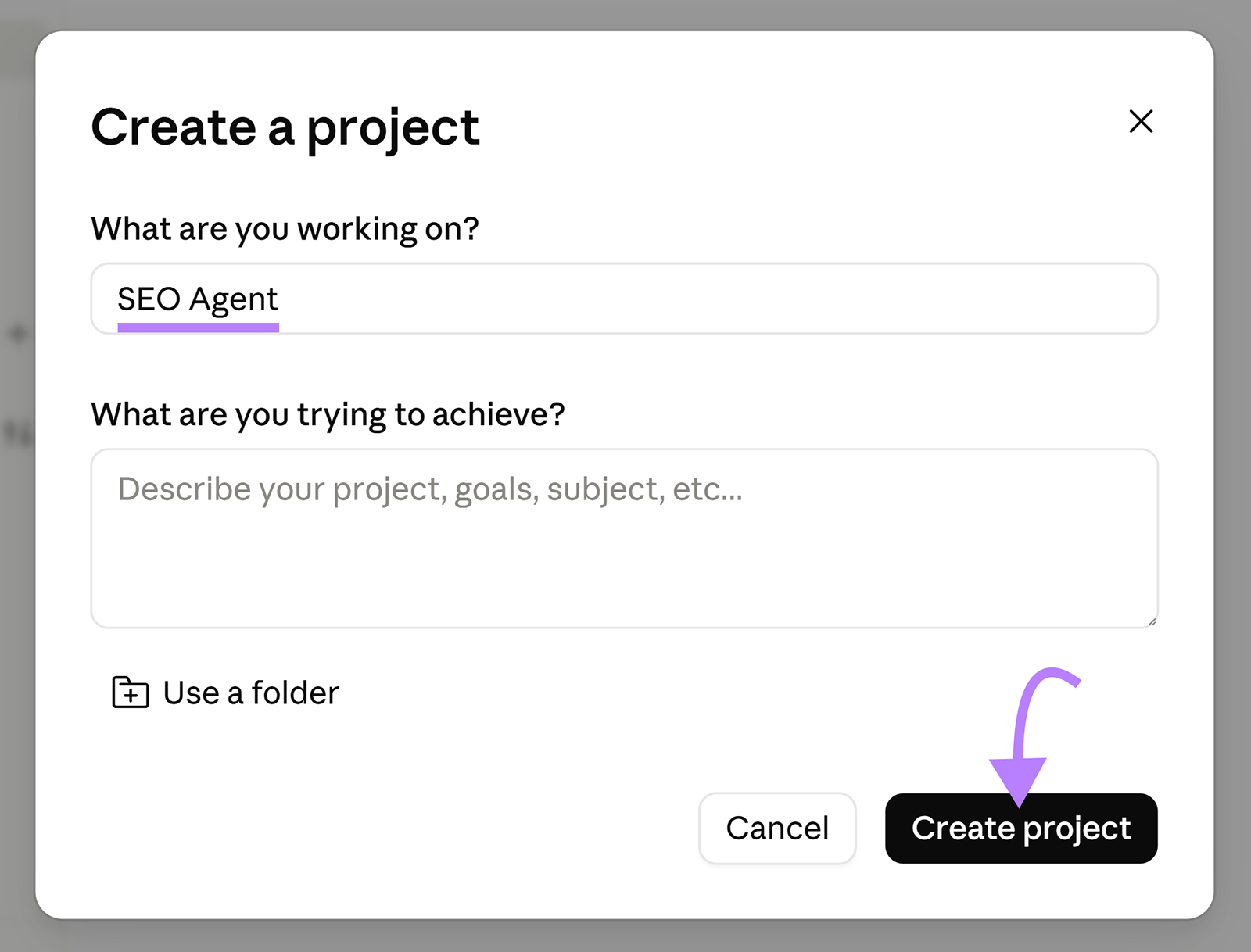 Claude project creation window with “SEO Agent” entered as the project name and the Create project button highlighted