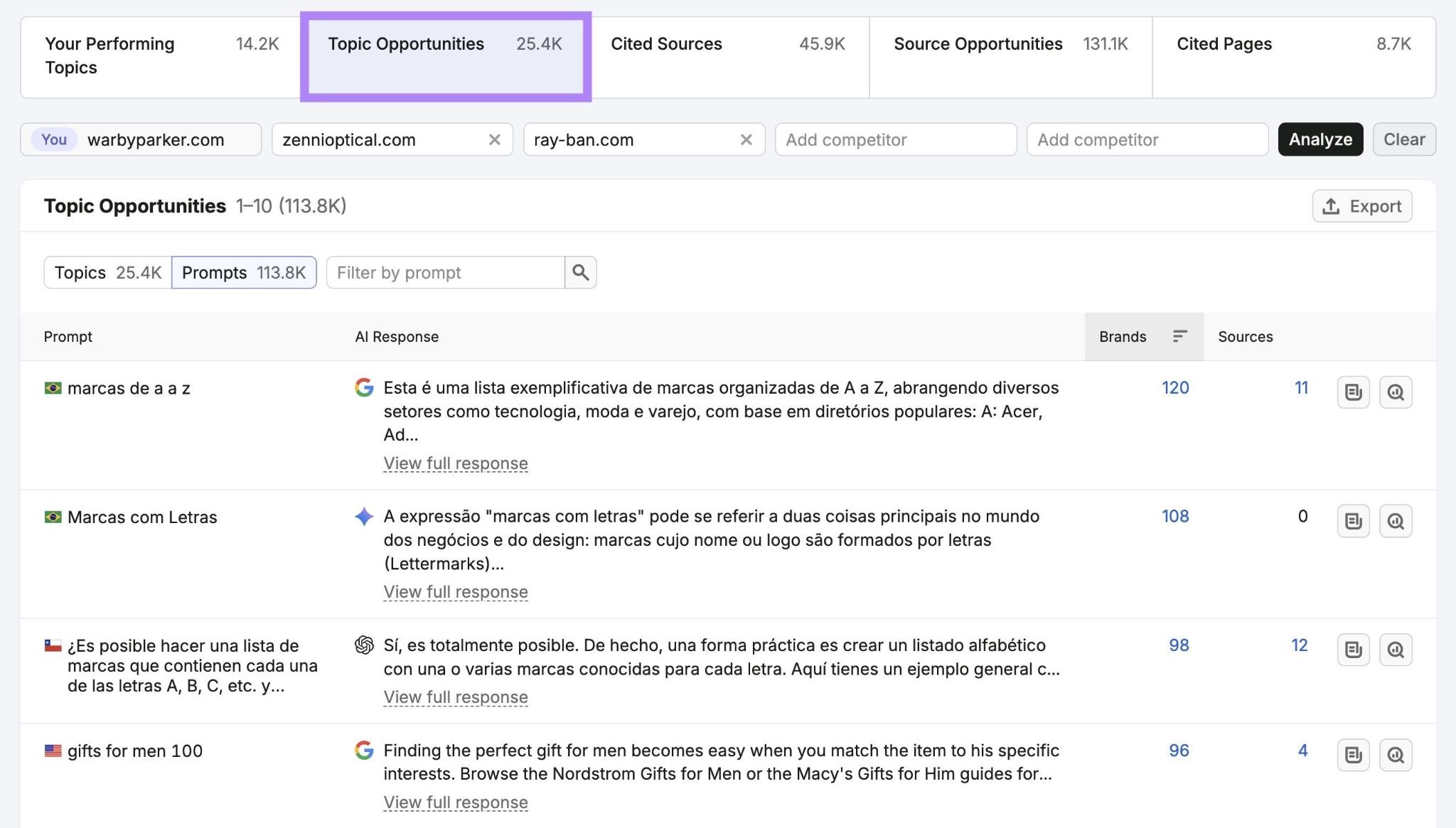 Topics & Sources on Visibility Overview with the "Topic Opportunities" tab selected.