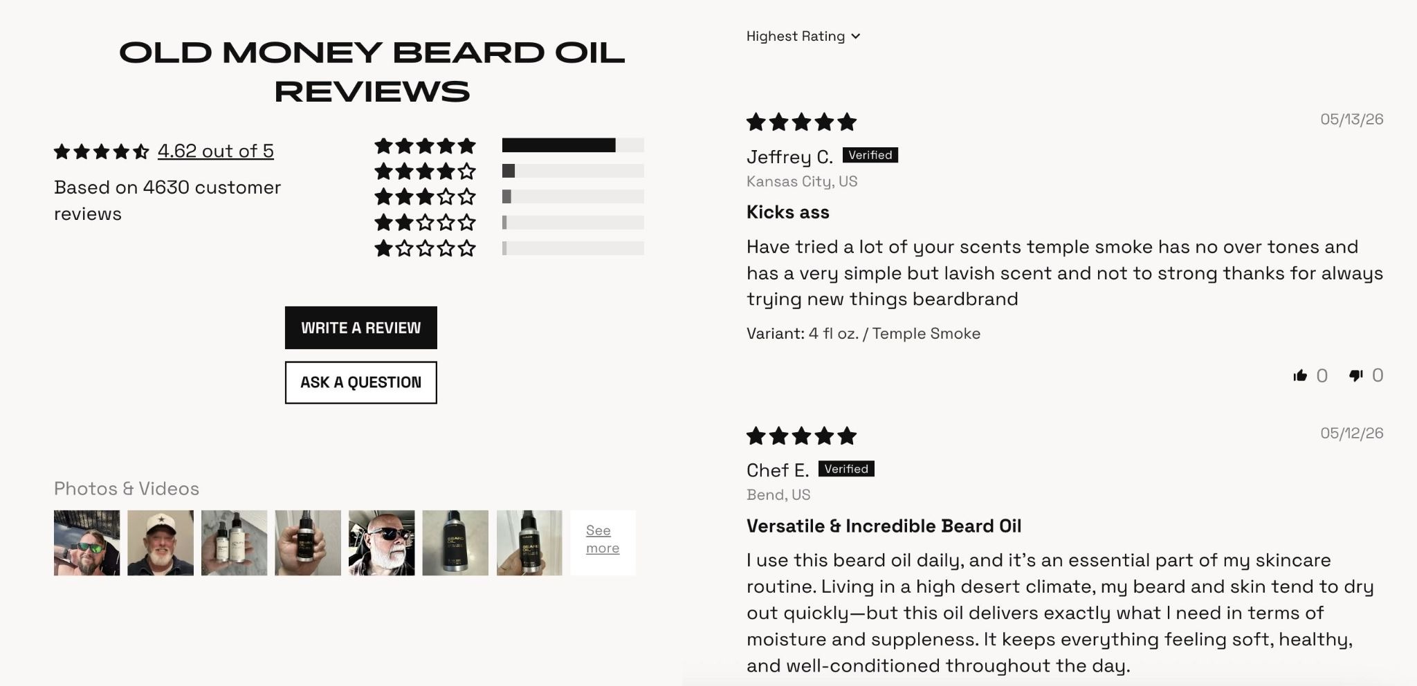 A product page on the Beardbrand website showing star ratings, reviews, and customer photos.