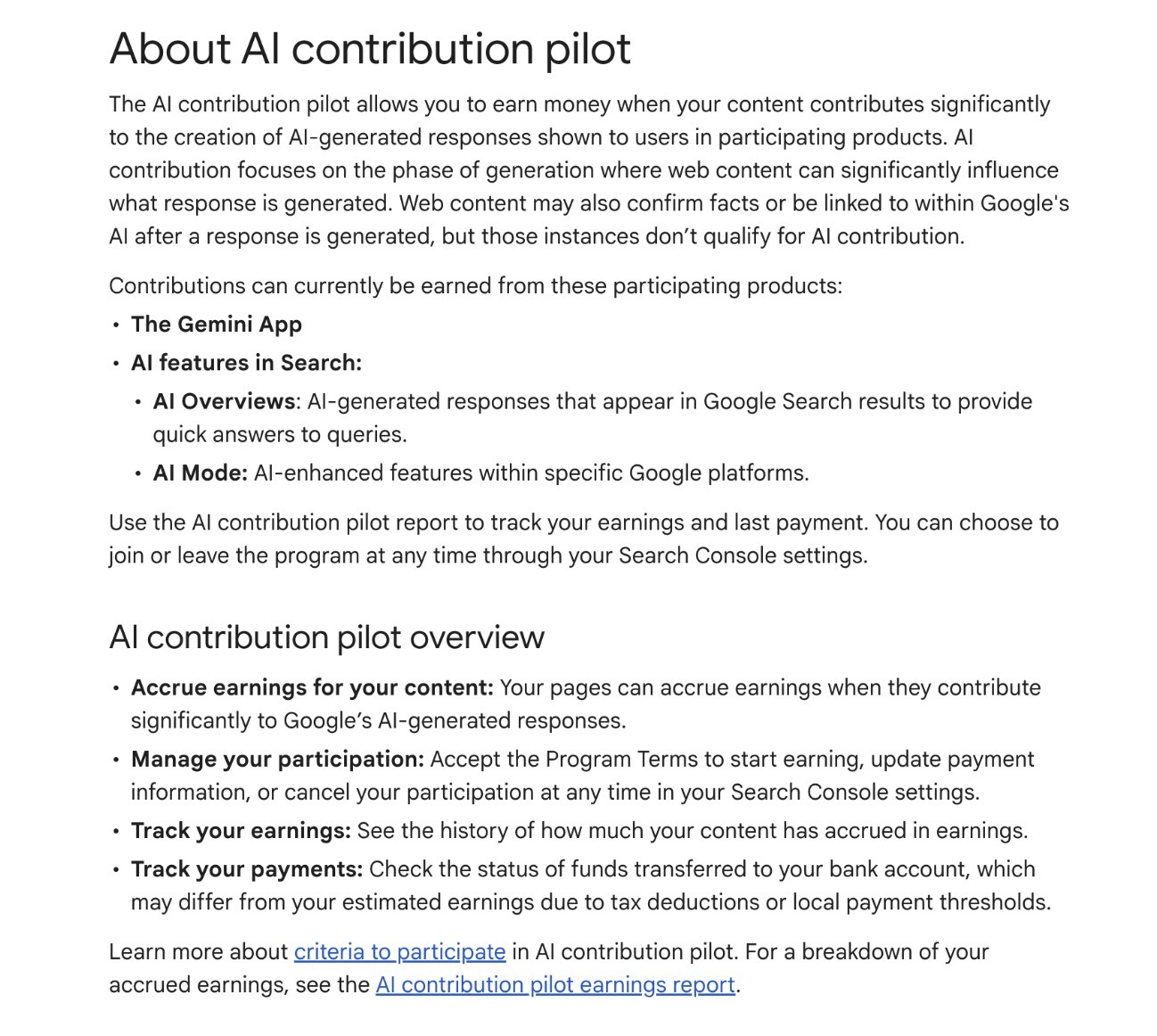 A document outlining the details of Google's AI contribution pilot.