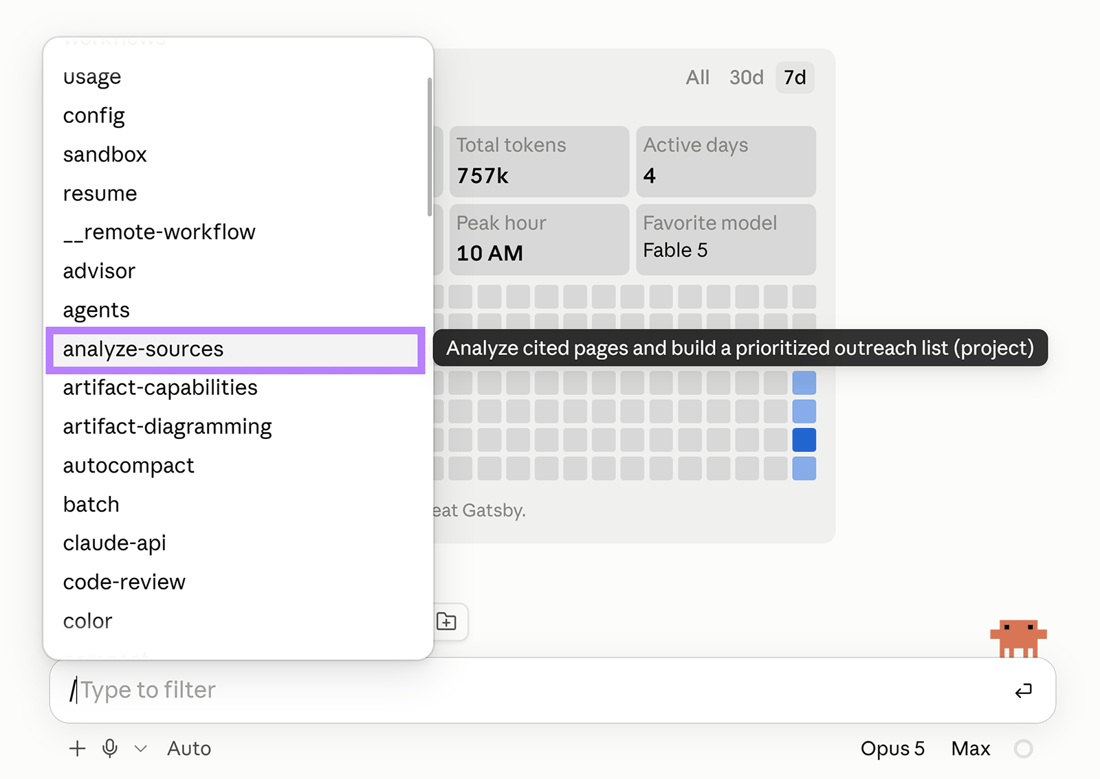 Claude Code command menu with analyze-sources selected to build a prioritized outreach list from cited pages