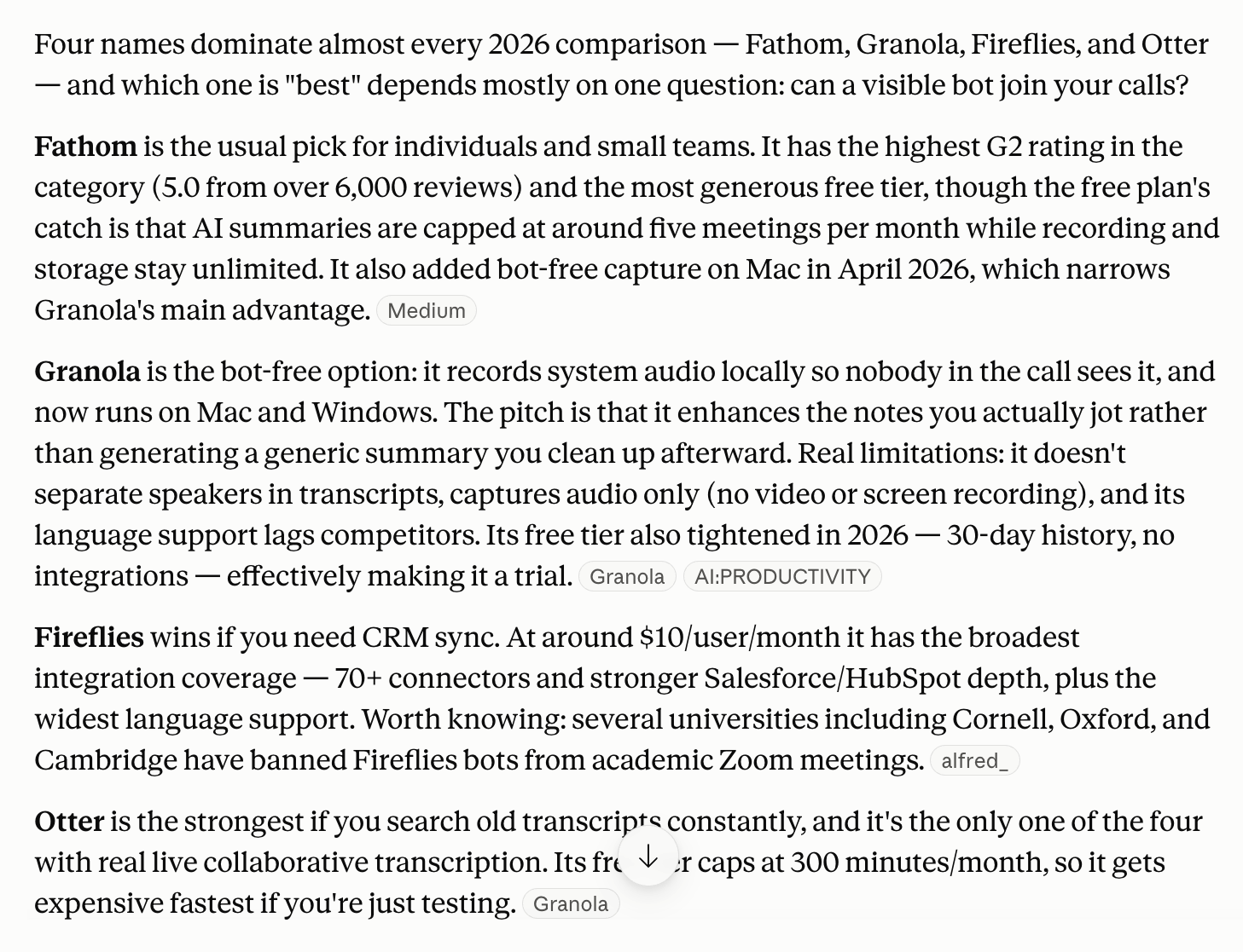 Claude compares Fathom, Granola, Fireflies, and Otter as top AI meeting notetakers, with cited sources