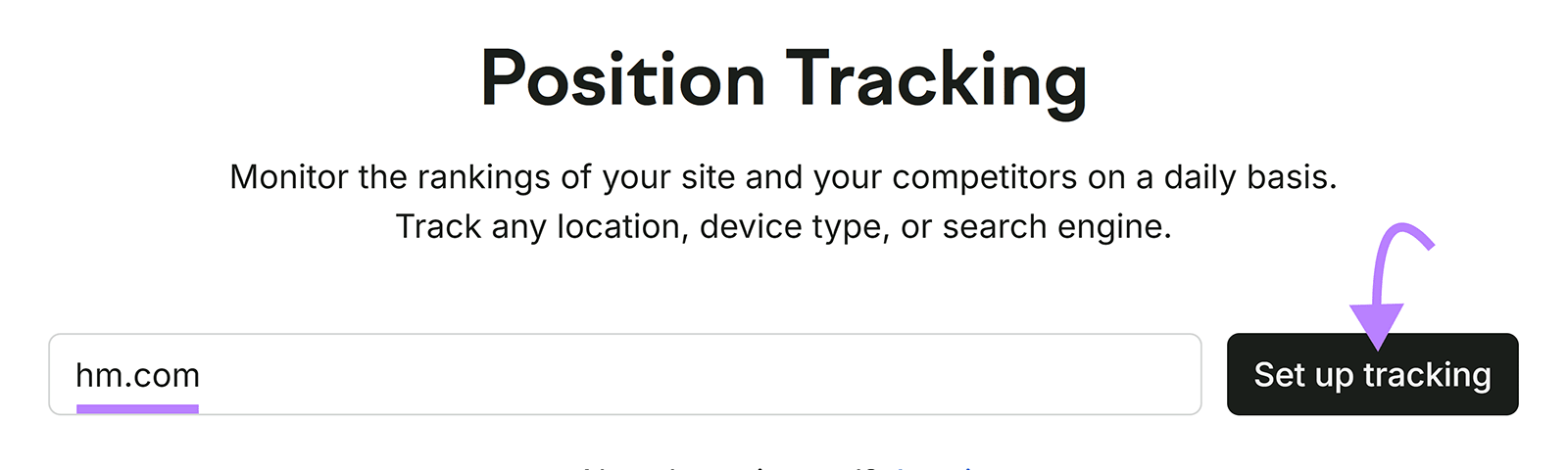 Semrush Position Tracking setup for hm.com with the Set up tracking button highlighted