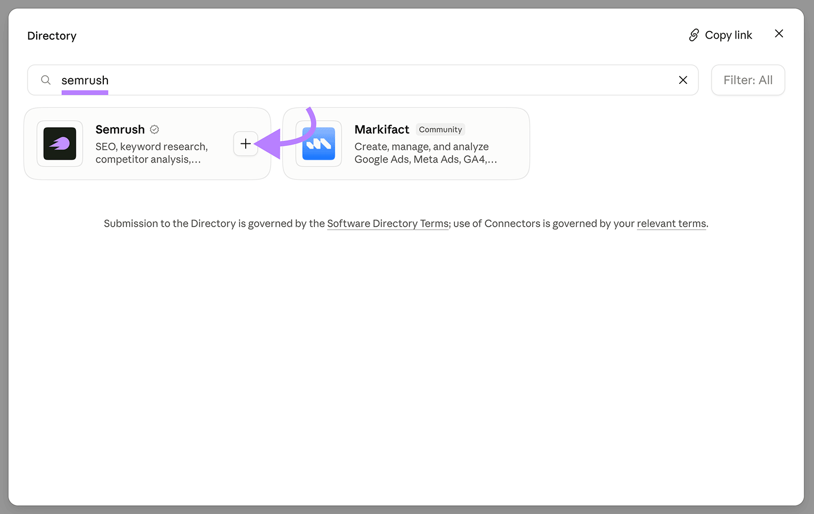Claude connector directory showing Semrush in search results with the add button highlighted