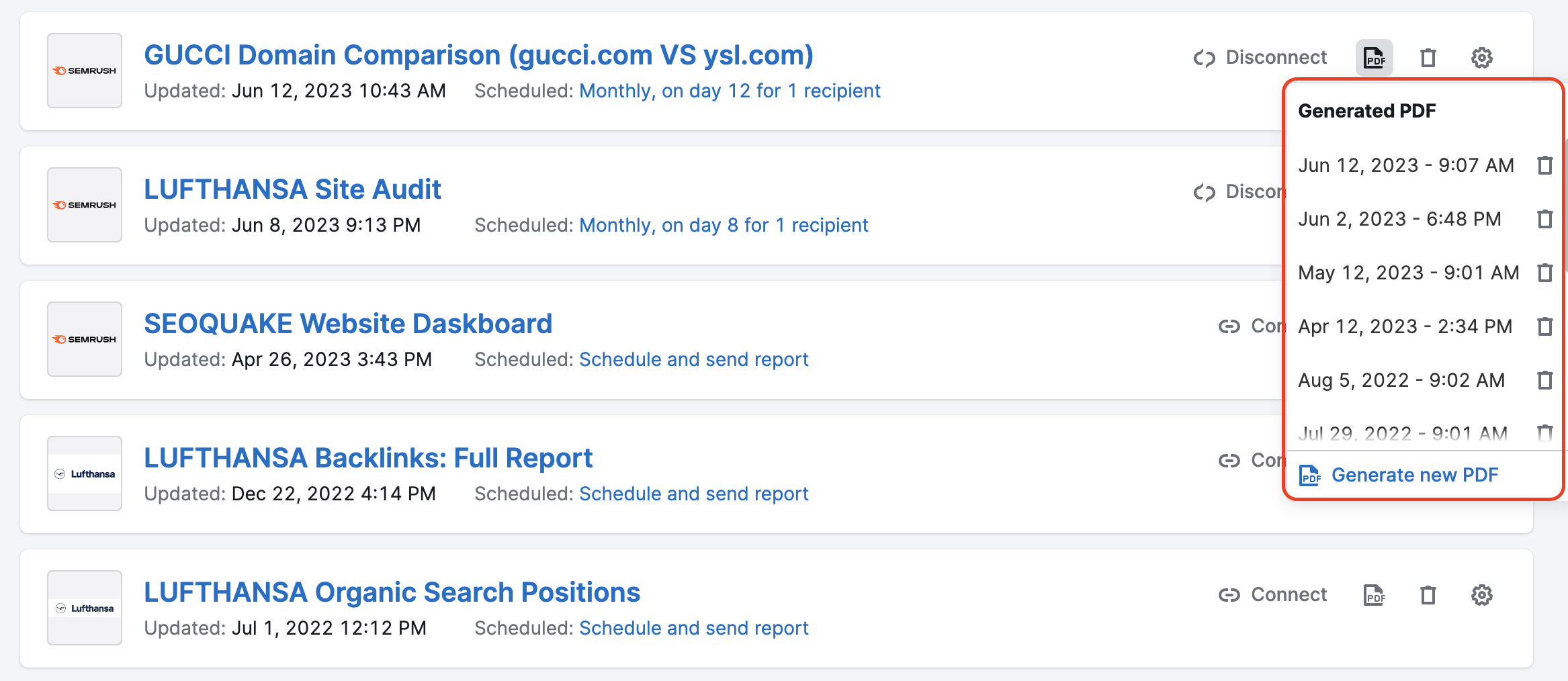 My Reports – a list of all generated reports appears when you click the "PDF" button next to a report.