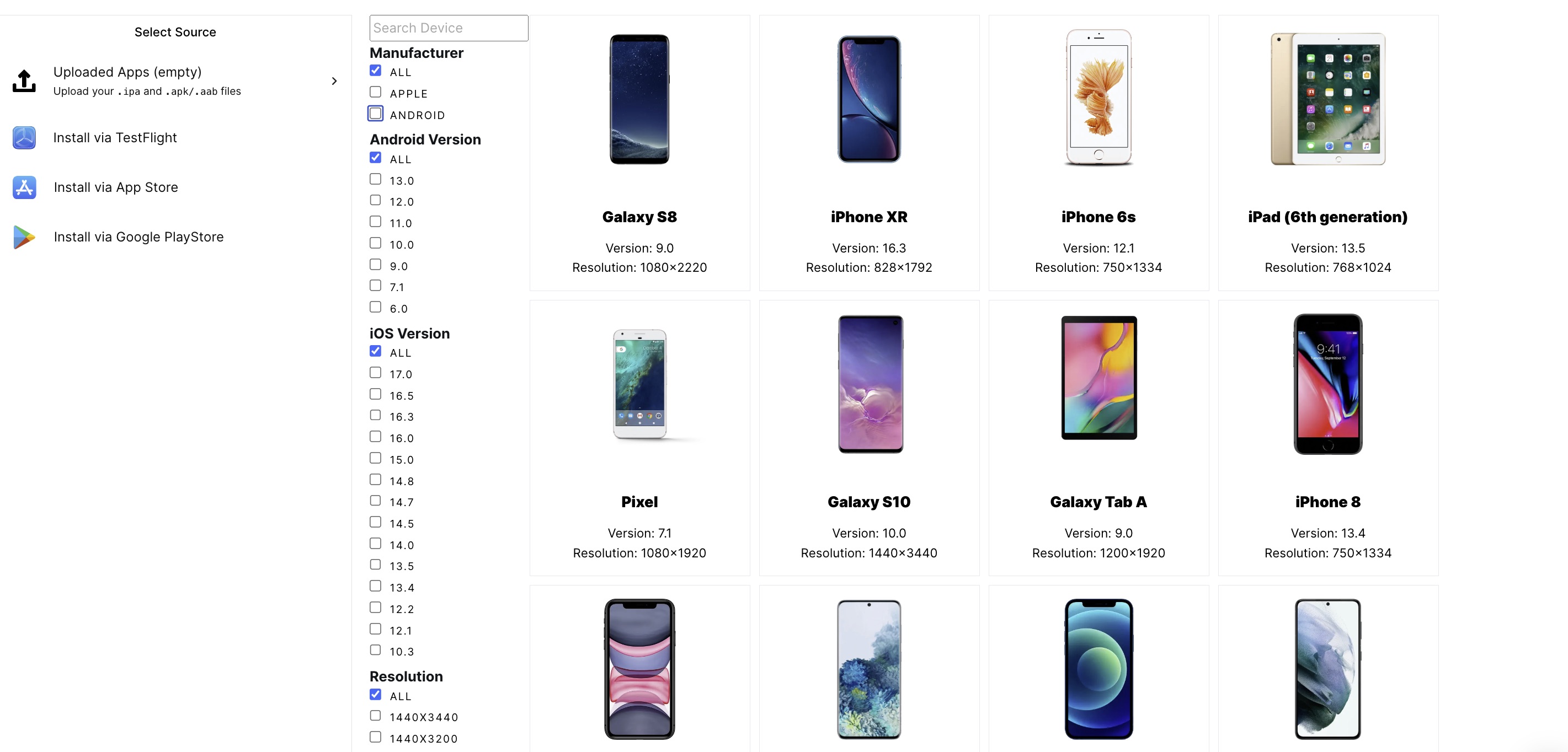 An example of the Mobile App Tester dashboard where you can select devices for app testing.