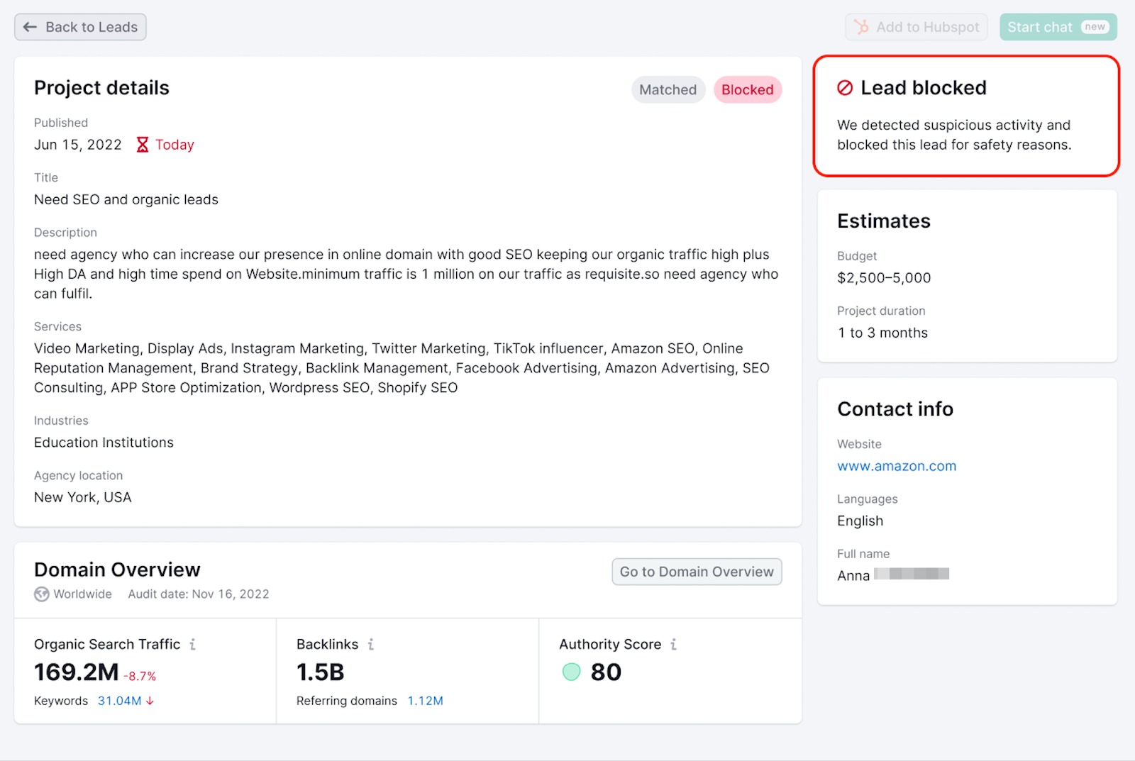 Lead page with a highlighted notification indicating that the lead is blocked due to suspicious activity.