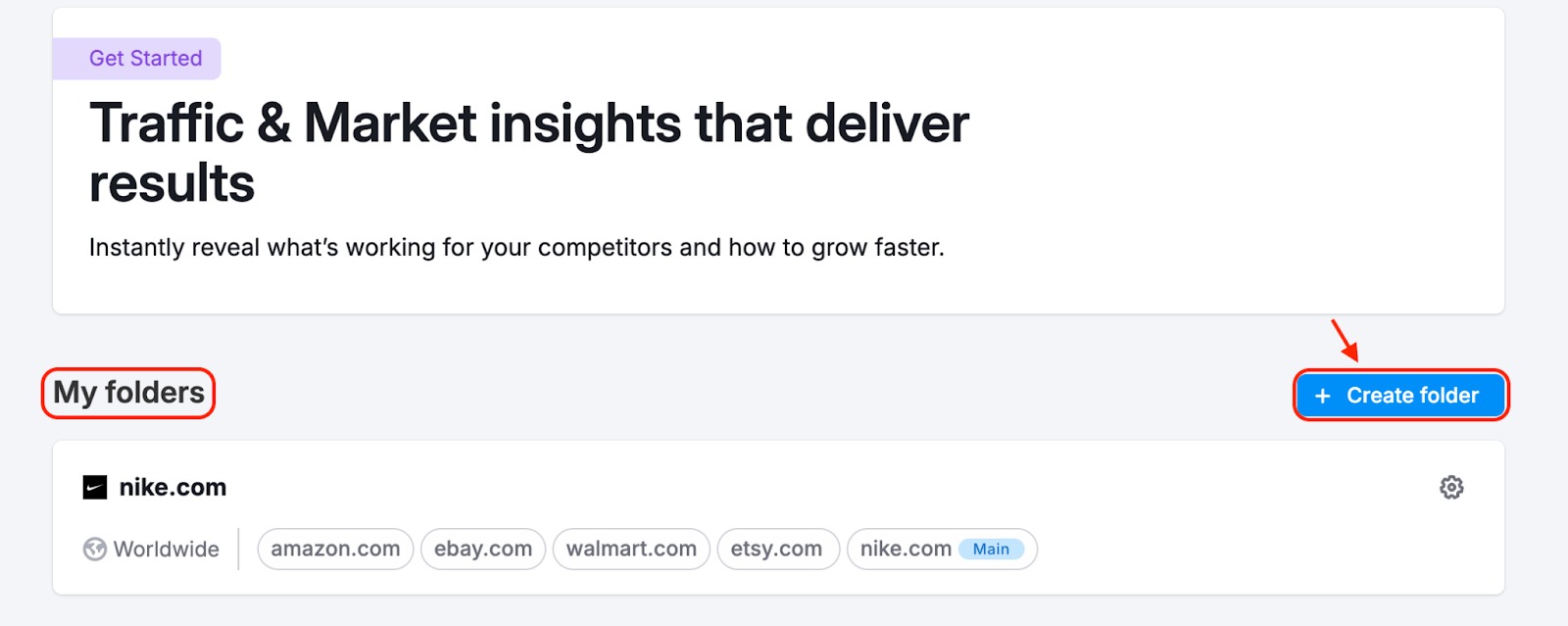 The Create Folder button is highlighted on the Traffic & Market landing page.