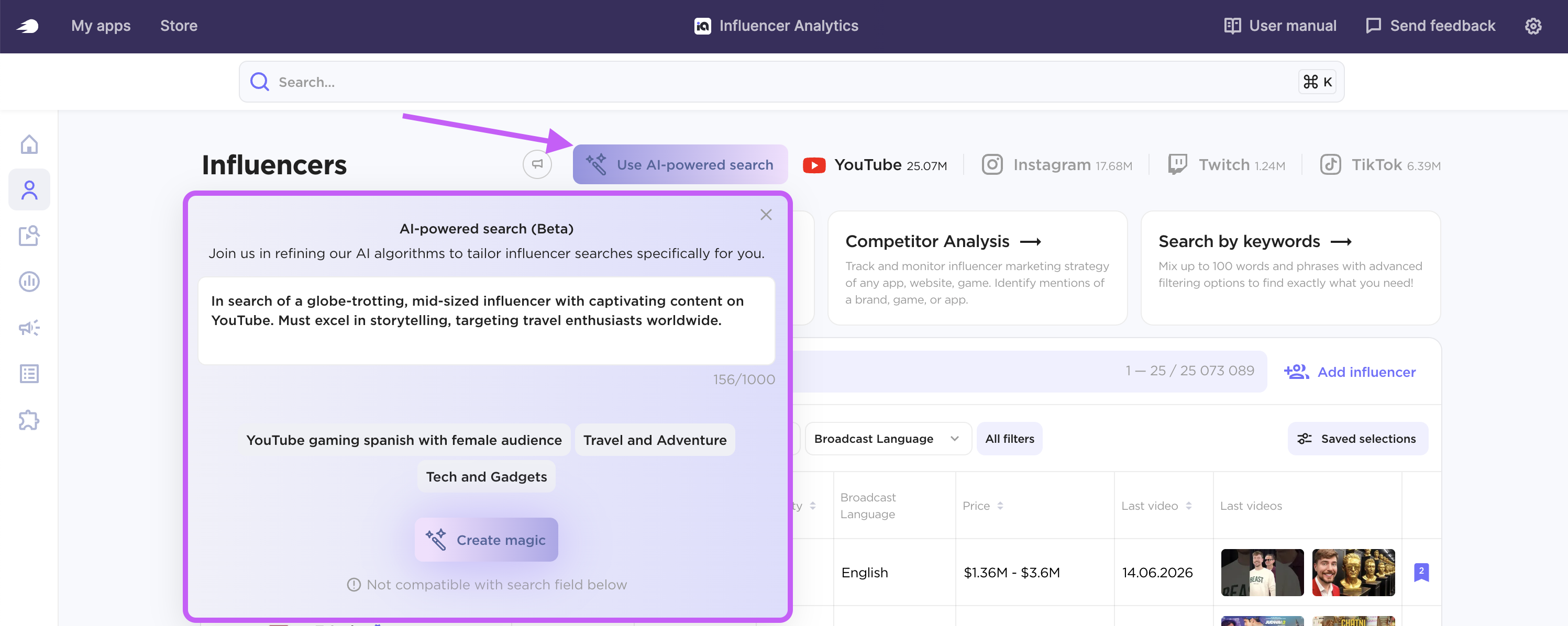 An example of the AI-Powered search prompt in the input field.